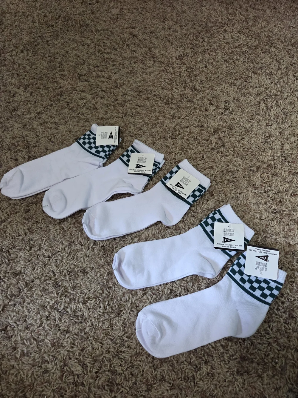 White Ankle Socks with Green Check Cuff - Pack of 5